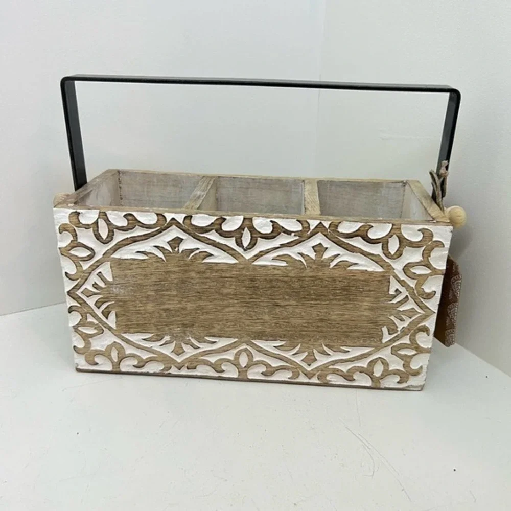 NWT Global Market farmhouse distressed white brown wood silverware caddy carved